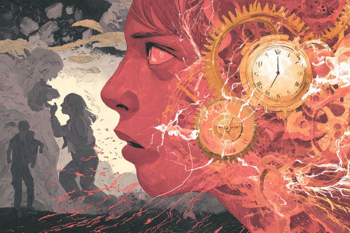 This shows an angry teen with a clock and shadows of older people.