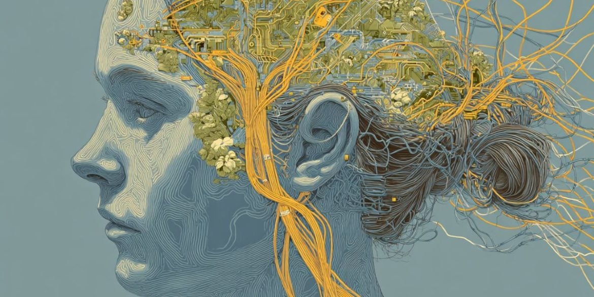 This shows a woman's head and a mechanical brain.