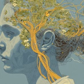 This shows a woman's head and a mechanical brain.