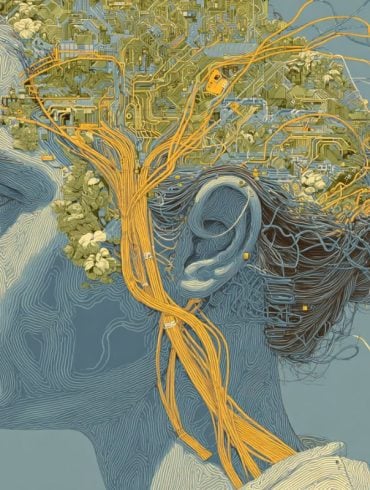 This shows a woman's head and a mechanical brain.