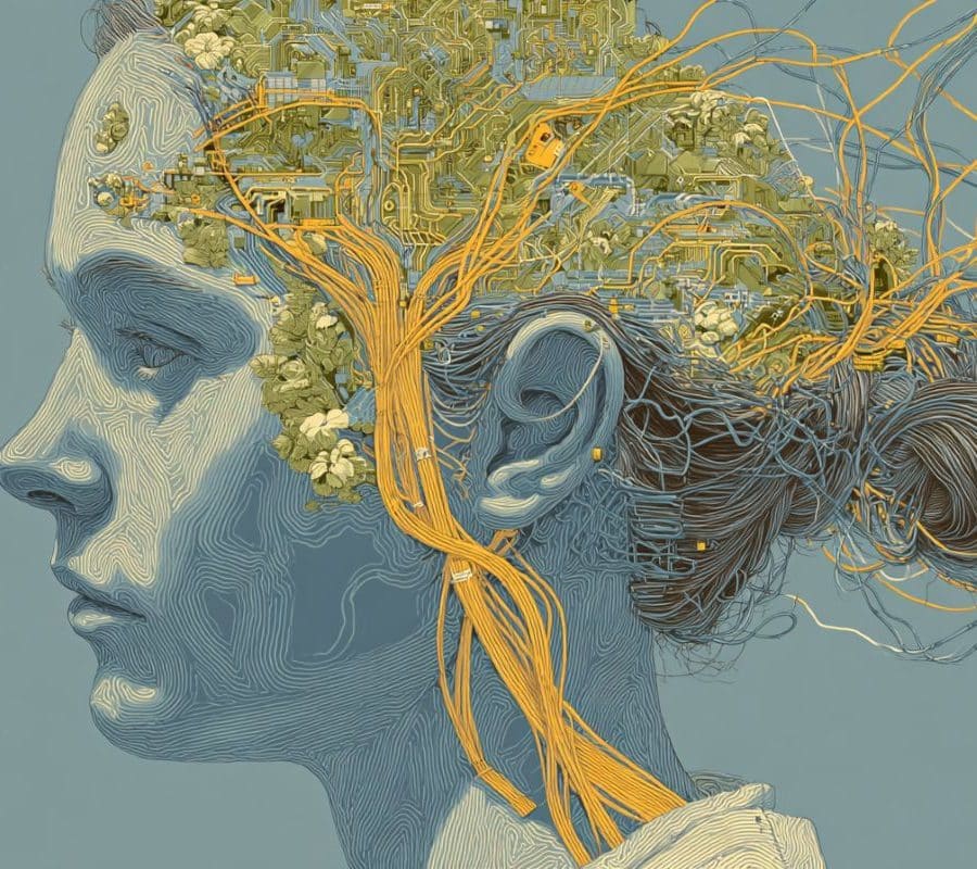 This shows a woman's head and a mechanical brain.