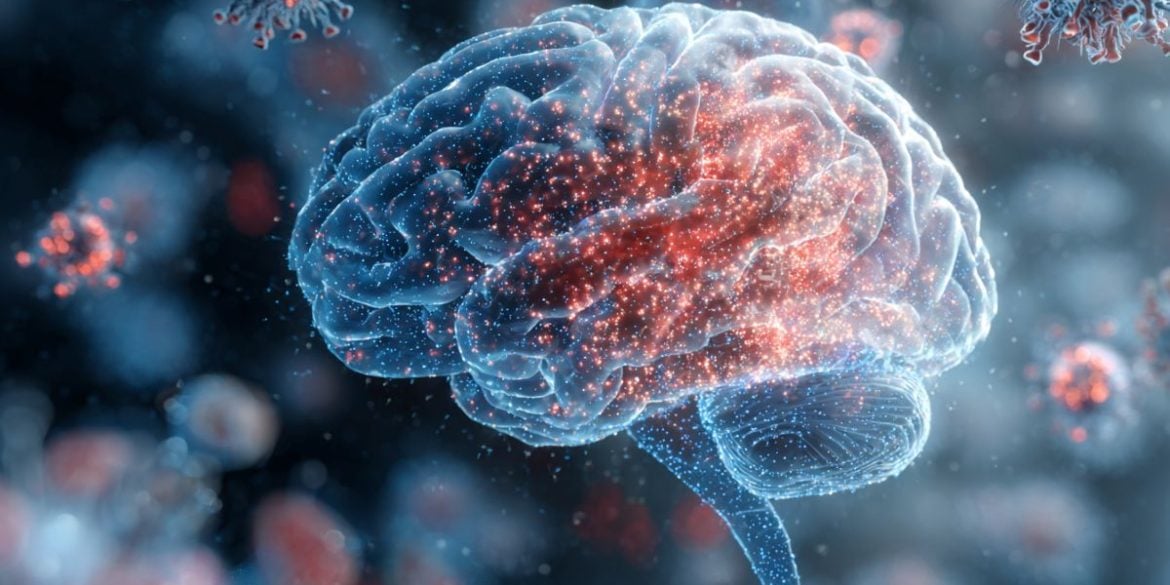 This shows a brain surrounded by viruses.