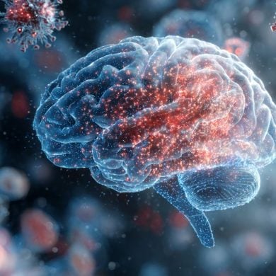 This shows a brain surrounded by viruses.