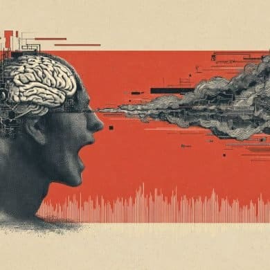 This shows the outline of a person, a brain, and speech bubbles.