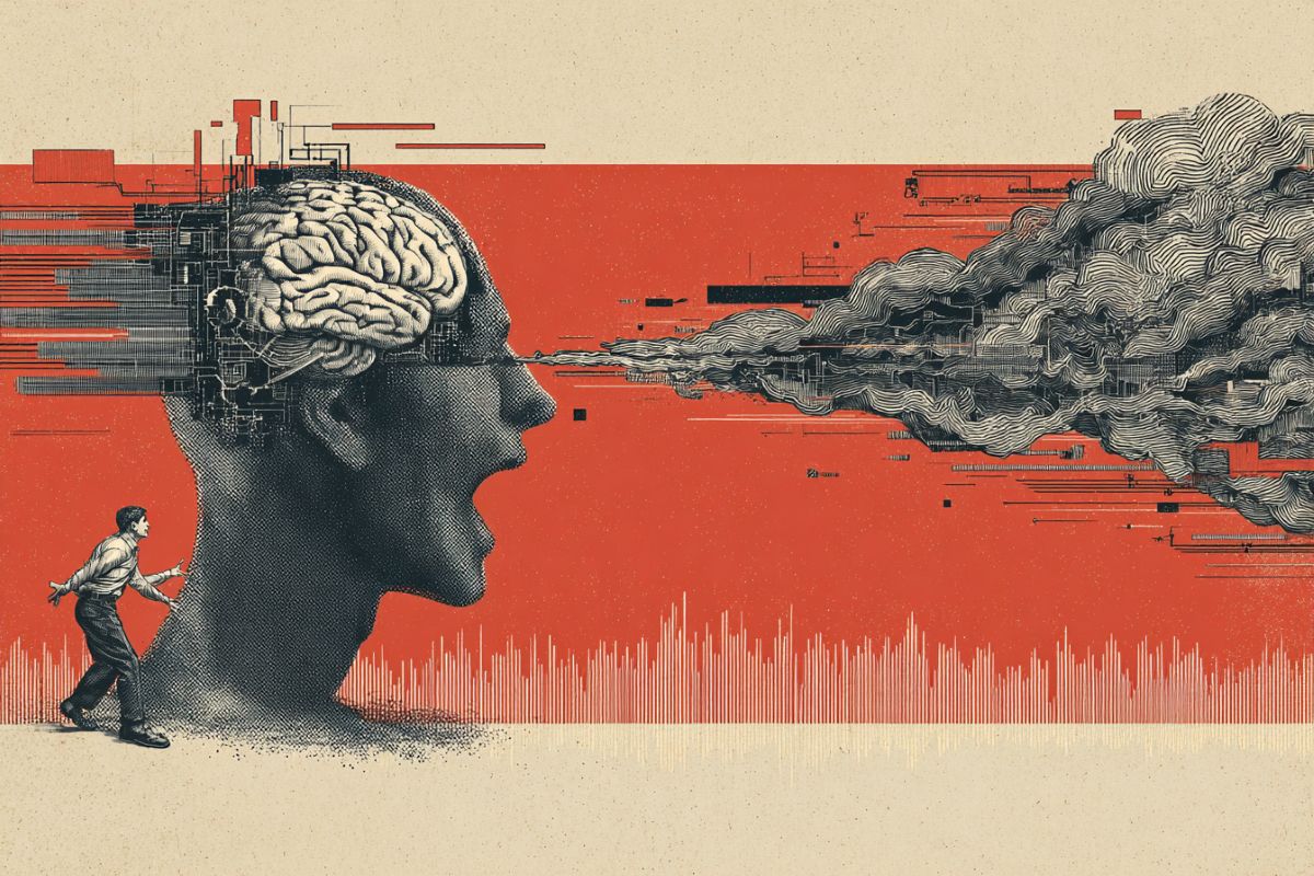 This shows the outline of a person, a brain, and speech bubbles.