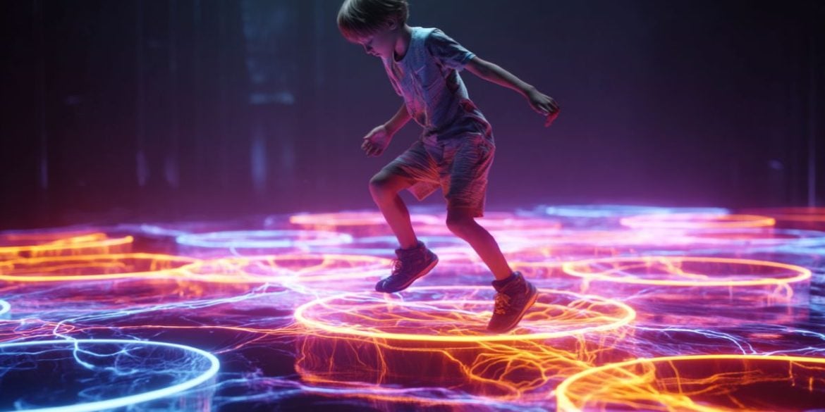 This shows a child jumping on light up blocks.