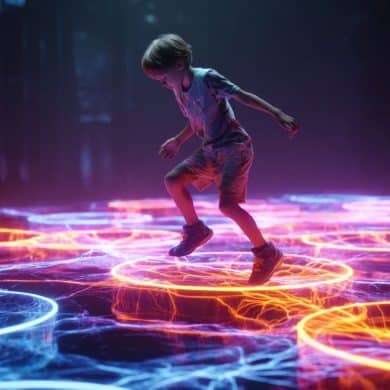 This shows a child jumping on light up blocks.