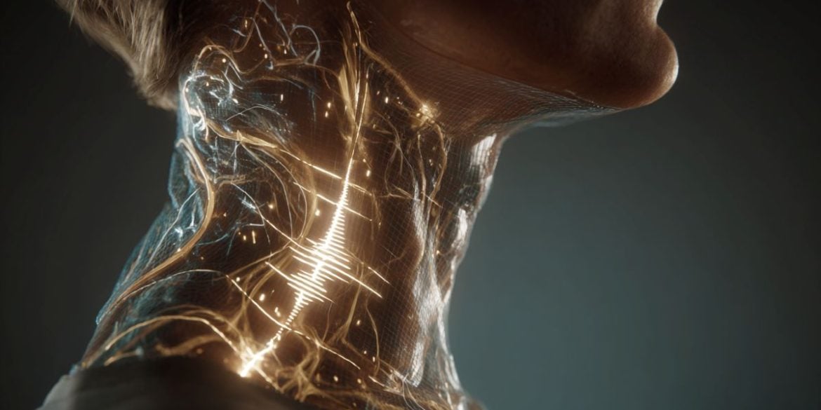 This shows a person's neck with glowing lines.