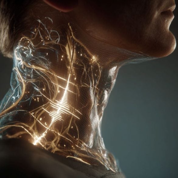 This shows a person's neck with glowing lines.