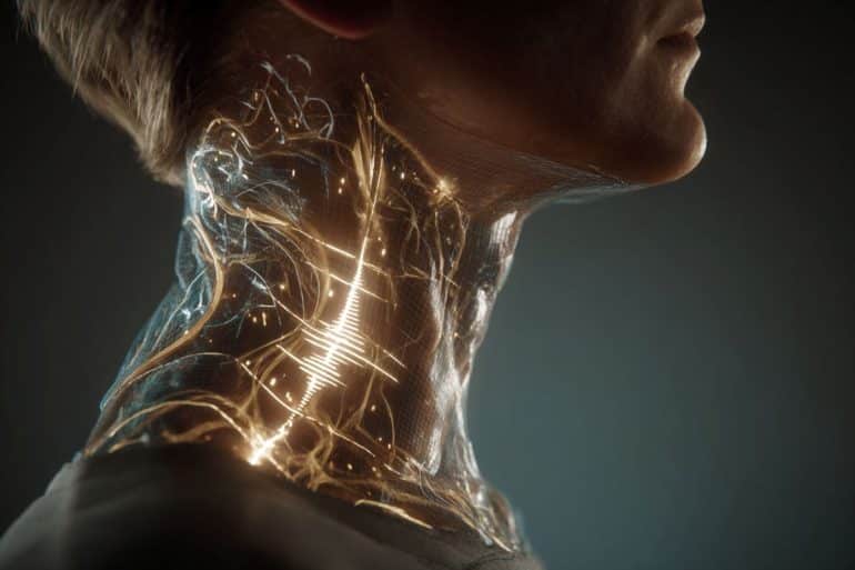 This shows a person's neck with glowing lines.