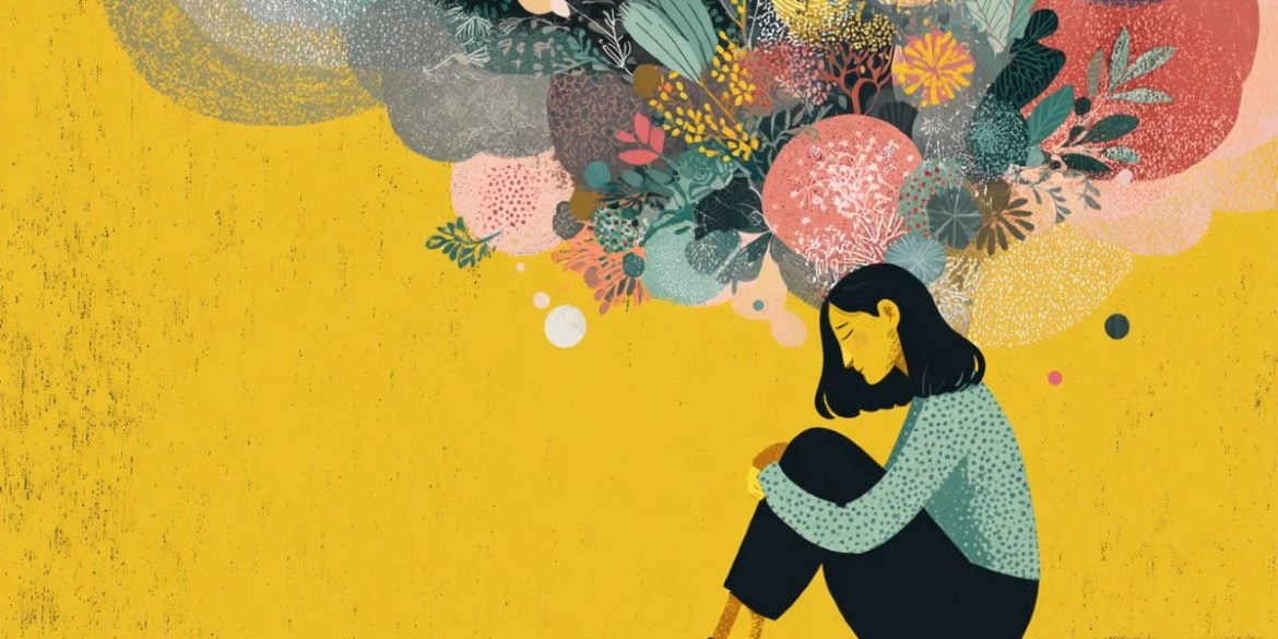 This shows a depressed woman and thought bubbles.