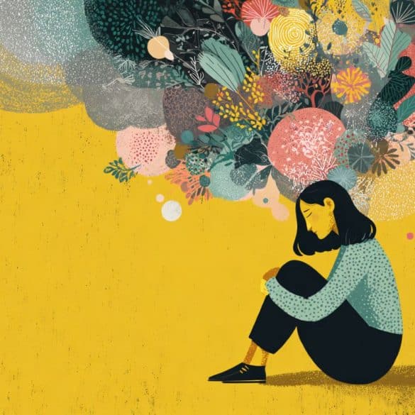 This shows a depressed woman and thought bubbles.