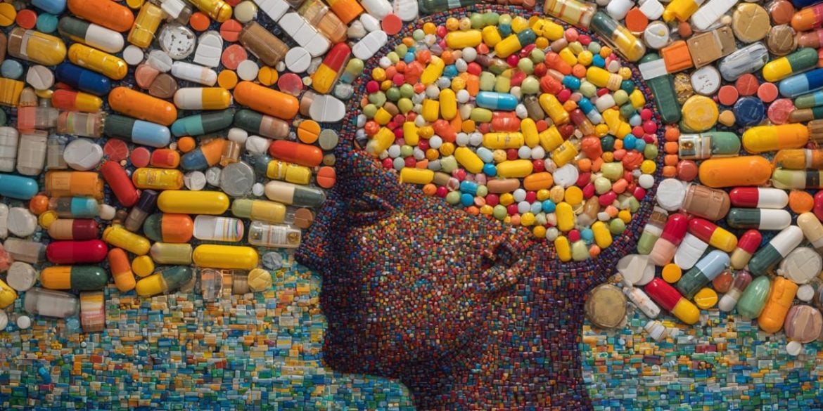 This shows a head surrounded by pills.