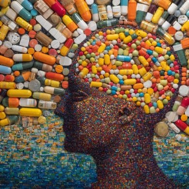 This shows a head surrounded by pills.