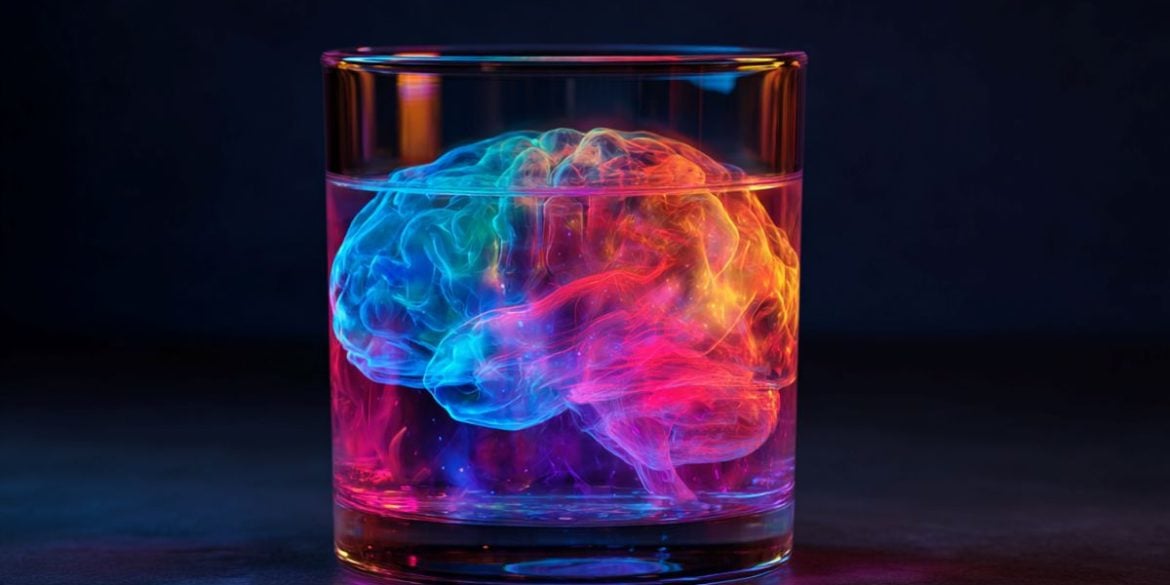This shows a brain in a scotch glass.