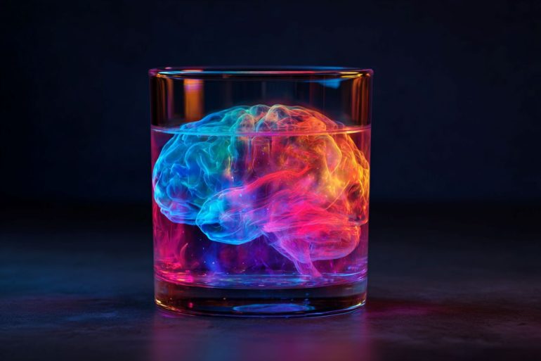 This shows a brain in a scotch glass.