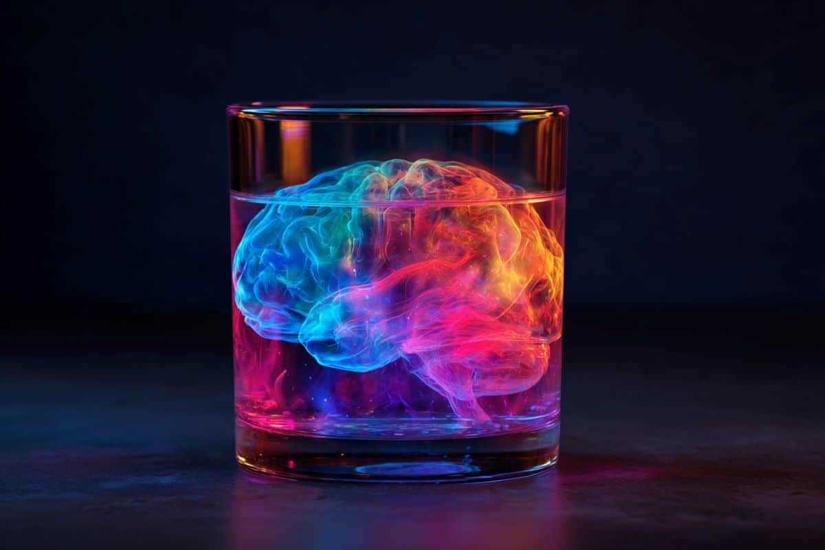 This shows a brain in a scotch glass.
