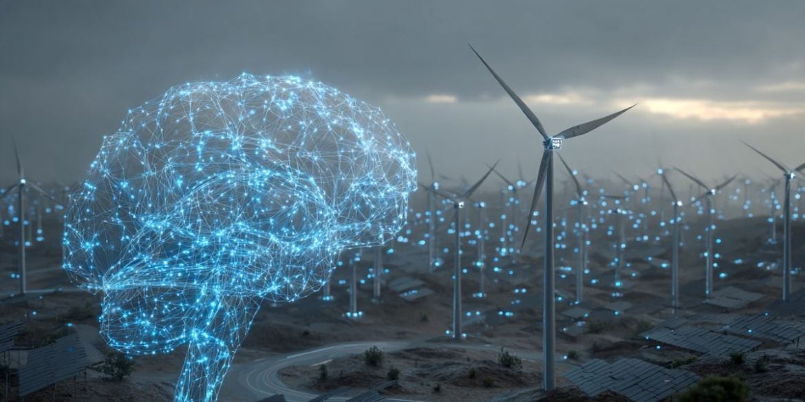 This shows a node based brain and wind turbines.