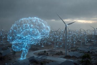 This shows a node based brain and wind turbines.