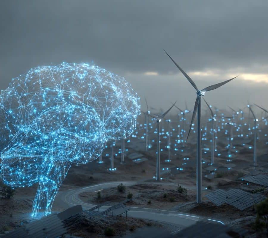 This shows a node based brain and wind turbines.