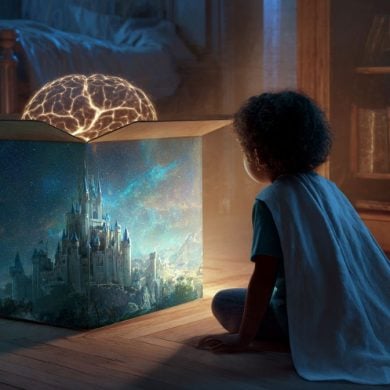 This shows a child in a cape looking at an imaginary castle and a brain.