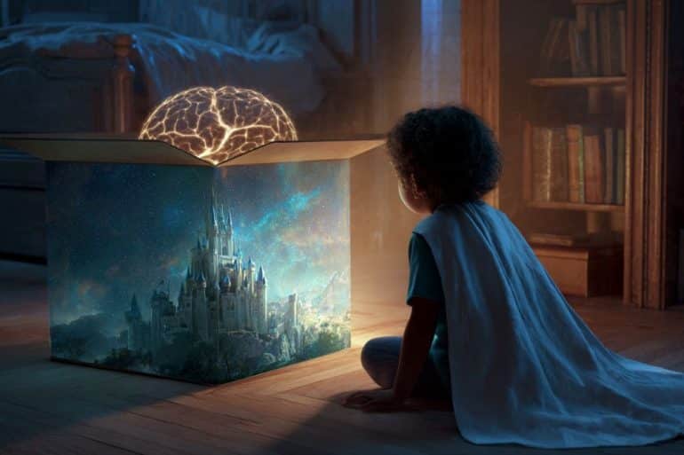 This shows a child in a cape looking at an imaginary castle and a brain.