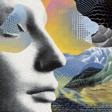 This shows a face, a brain, and abstract images.