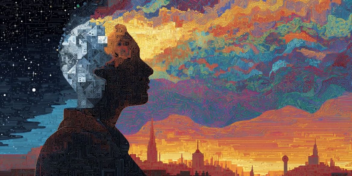 This shows the outline of a person with whisps of color coming from their head.