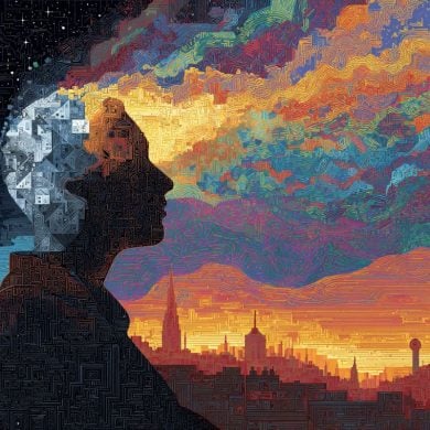 This shows the outline of a person with whisps of color coming from their head.