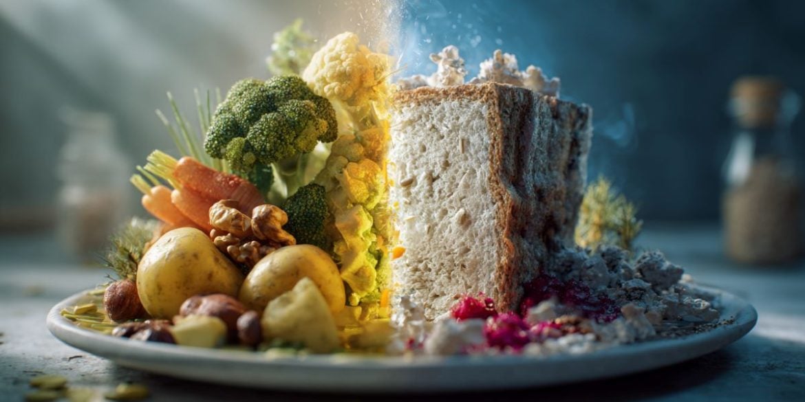 This shows a plate, half filled with plant based foods, the other filled with cake and junk food.