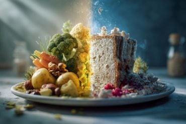 This shows a plate, half filled with plant based foods, the other filled with cake and junk food.