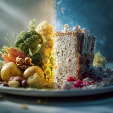 This shows a plate, half filled with plant based foods, the other filled with cake and junk food.