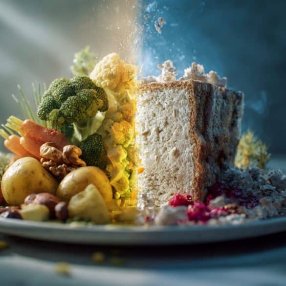 This shows a plate, half filled with plant based foods, the other filled with cake and junk food.