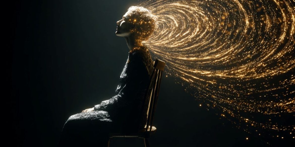 This shows a person in a dark room and golden sound waves.