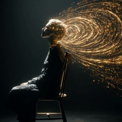 This shows a person in a dark room and golden sound waves.