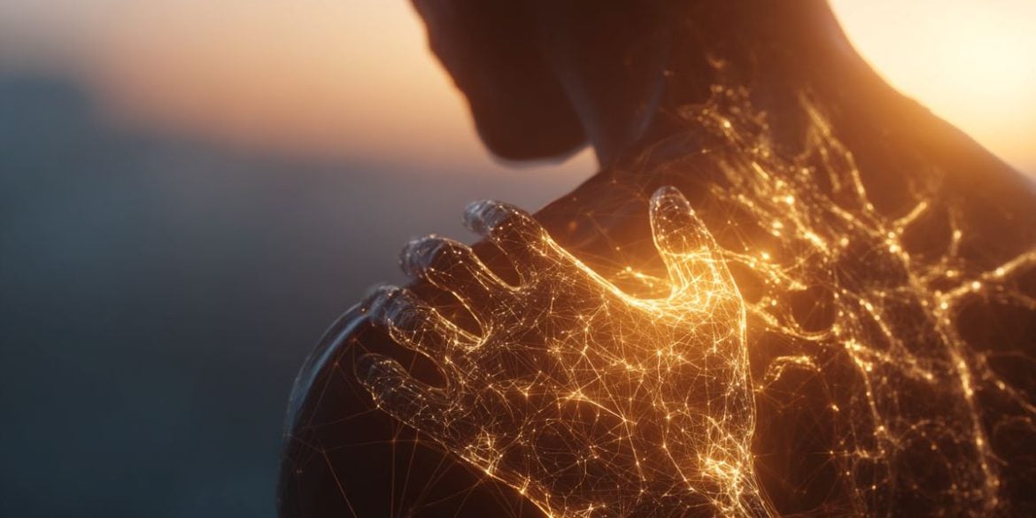 This shows a hand touching a shoulder.