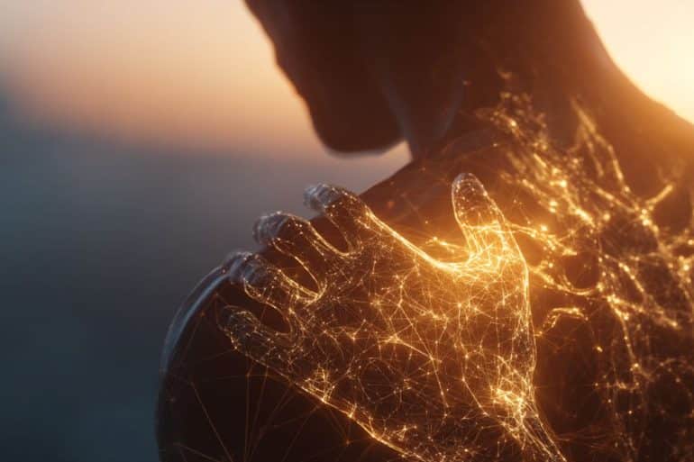 This shows a hand touching a shoulder.