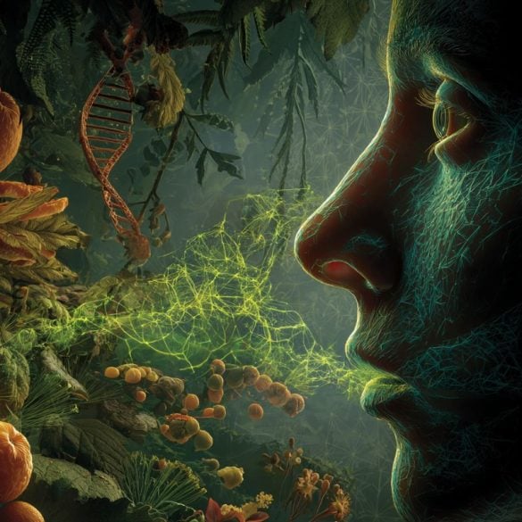 This shows a person's profile, DNA, and particles to represent olfactory triggers.