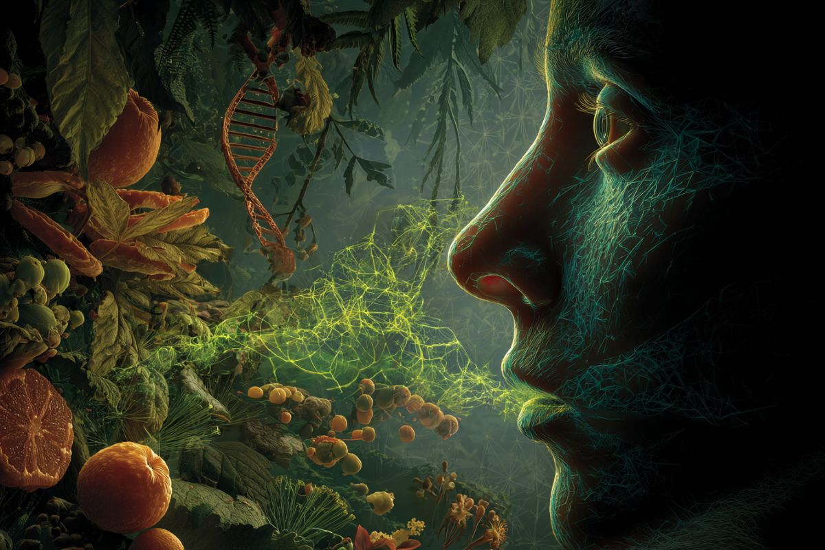 This shows a person's profile, DNA, and particles to represent olfactory triggers.