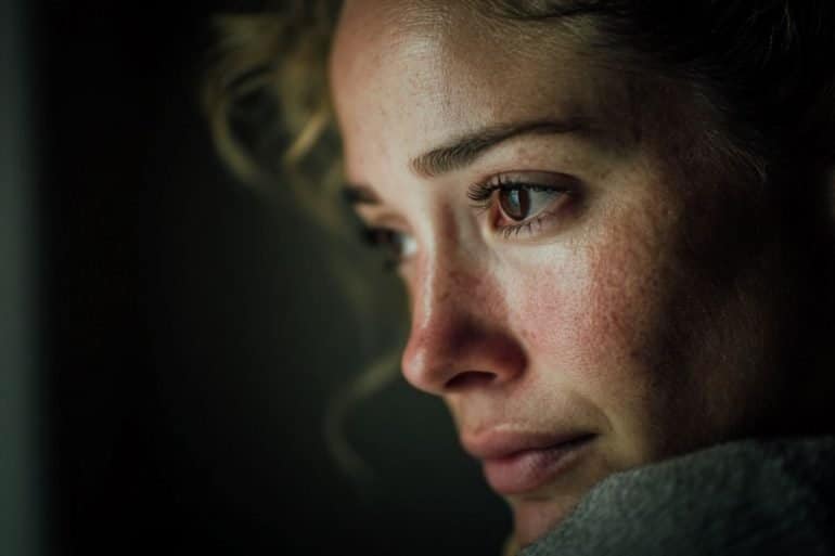 This shows an upset woman.