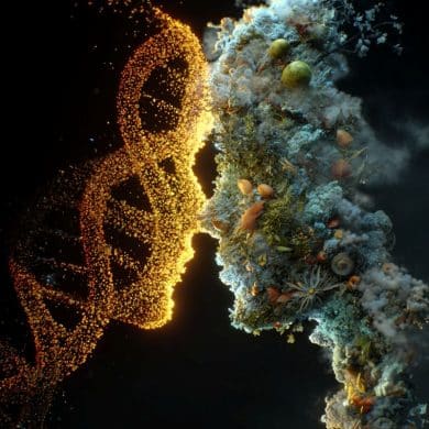 This shows two heads, one made of DNA and the other of environmental factors.