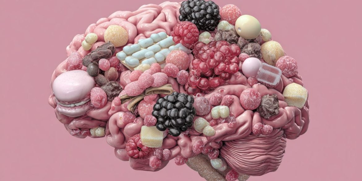 This shows a brain made of fruits and sweet foods.