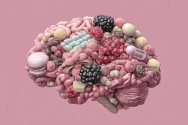 This shows a brain made of fruits and sweet foods.