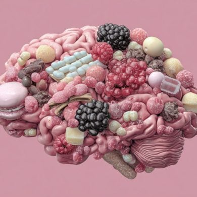 This shows a brain made of fruits and sweet foods.