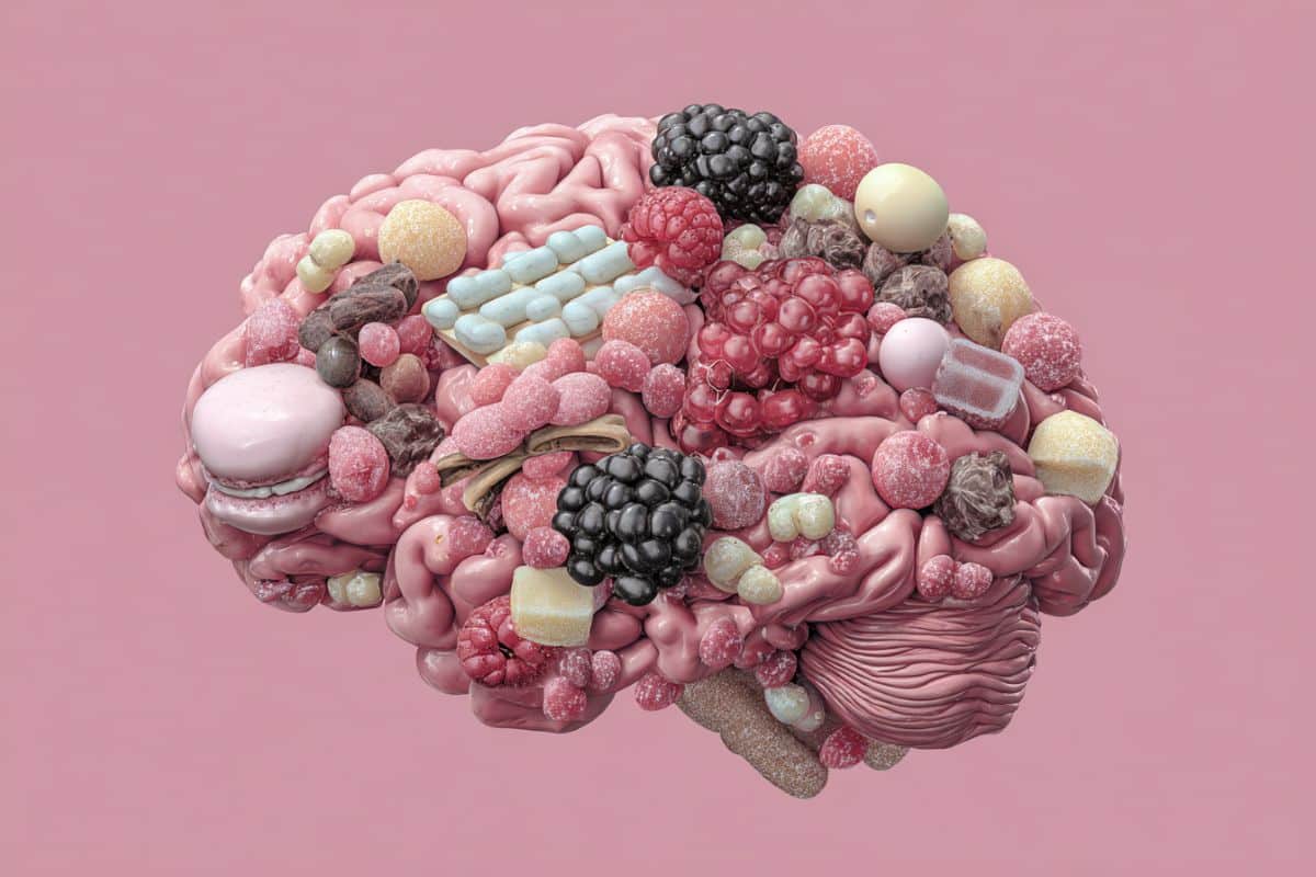 This shows a brain made of fruits and sweet foods.