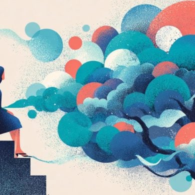 This shows a woman looking at a brain like tree.