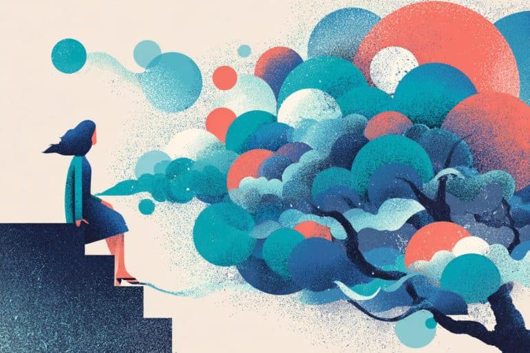 This shows a woman looking at a brain like tree.