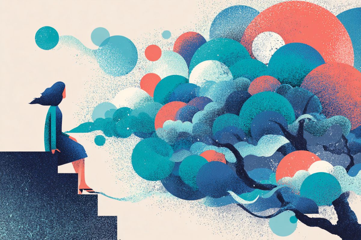 This shows a woman looking at a brain like tree.