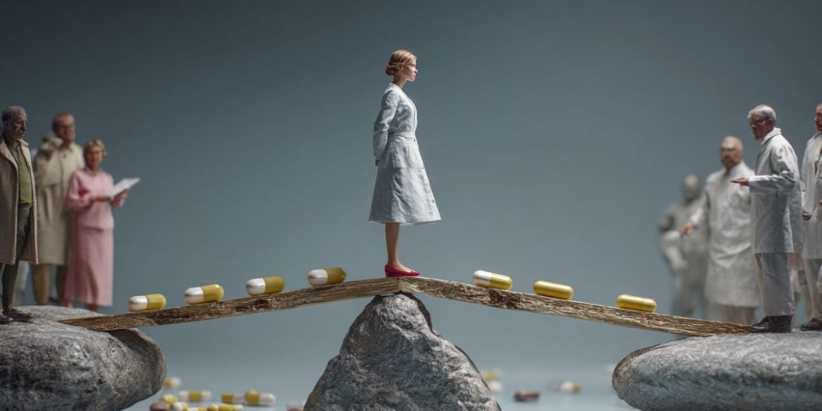 This shows a woman on a scale with people pointing at her.