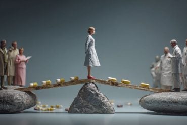 This shows a woman on a scale with people pointing at her.